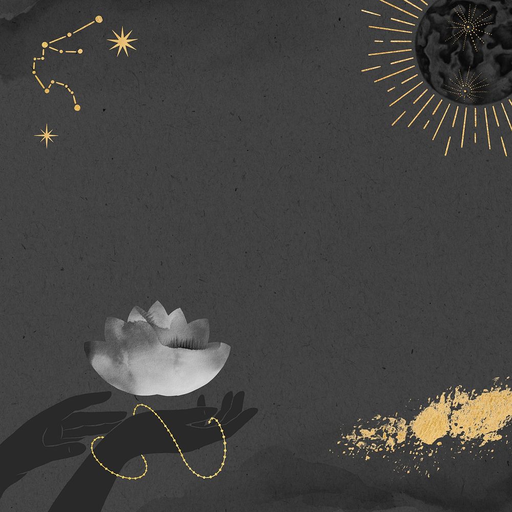Lotus flower illustration, spiritual elements remix on black design