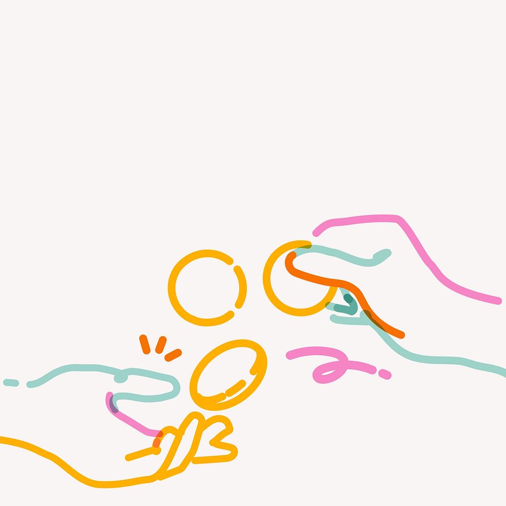 Hands and coins colorful doodle line art