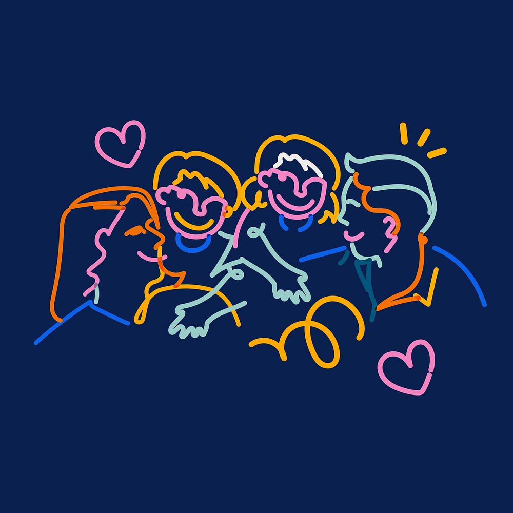Colorful family, neon doodle line art