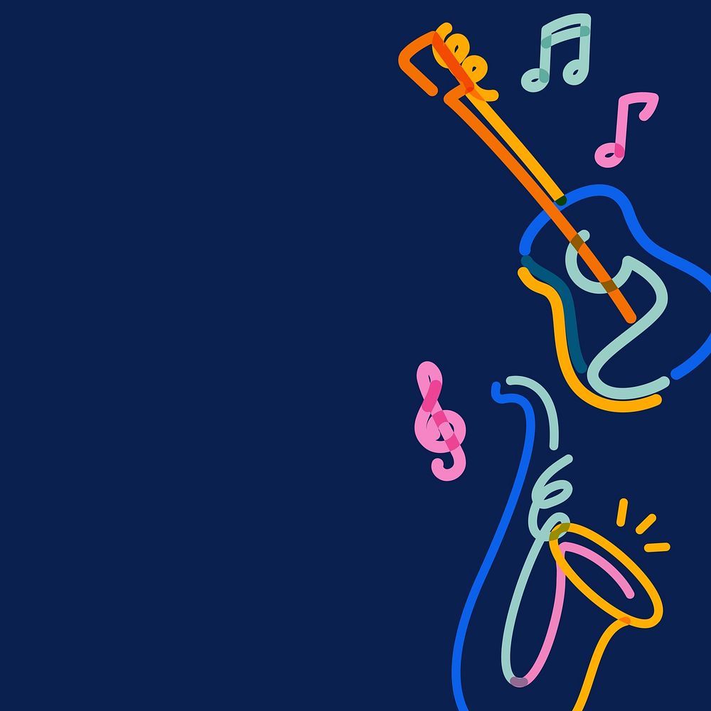 Music instruments, colorful doodle border