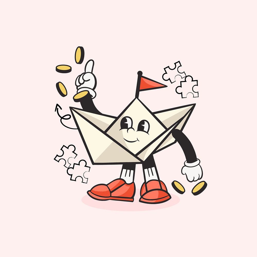 Paper boat retro character illustration