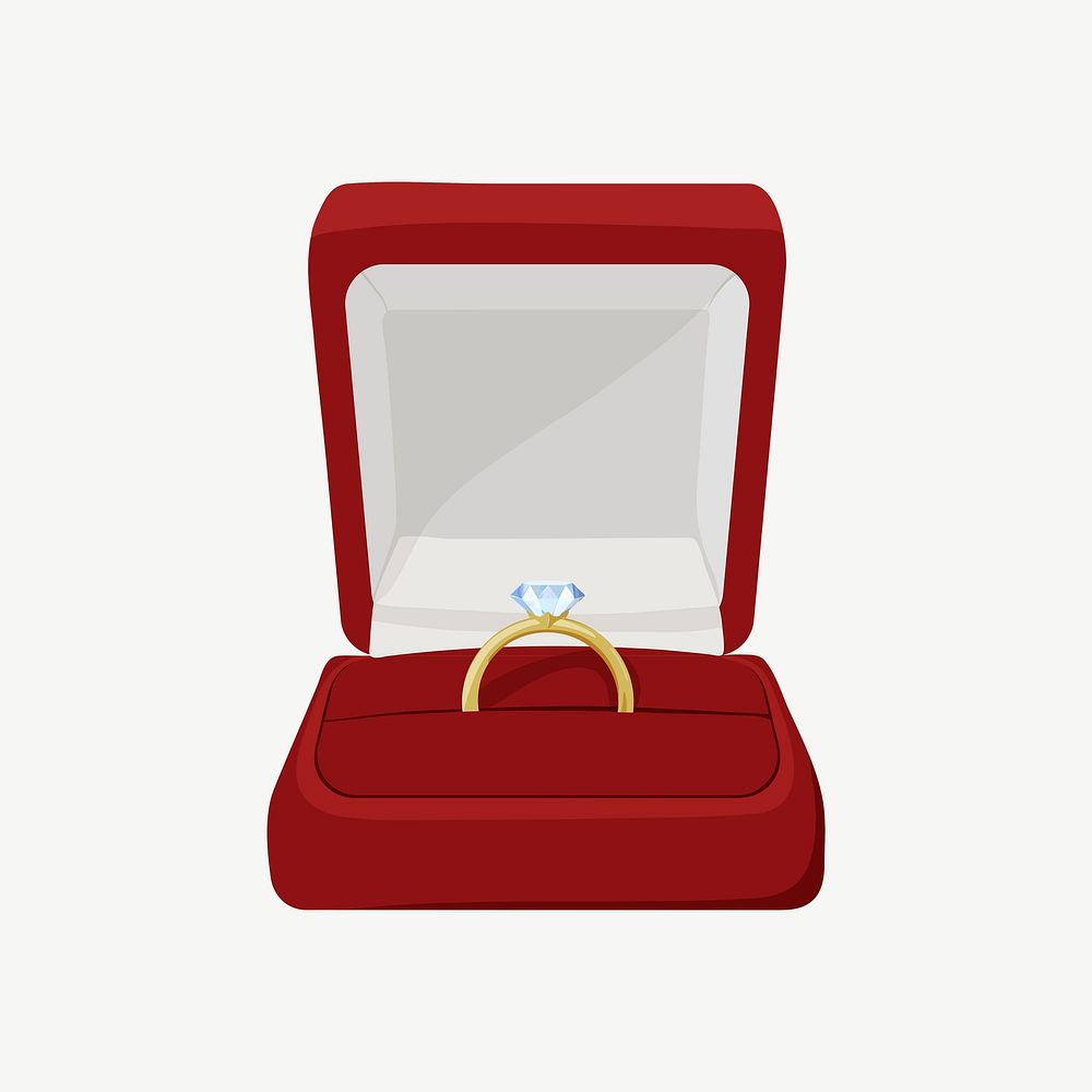 Wedding ring, red velvet box illustration psd
