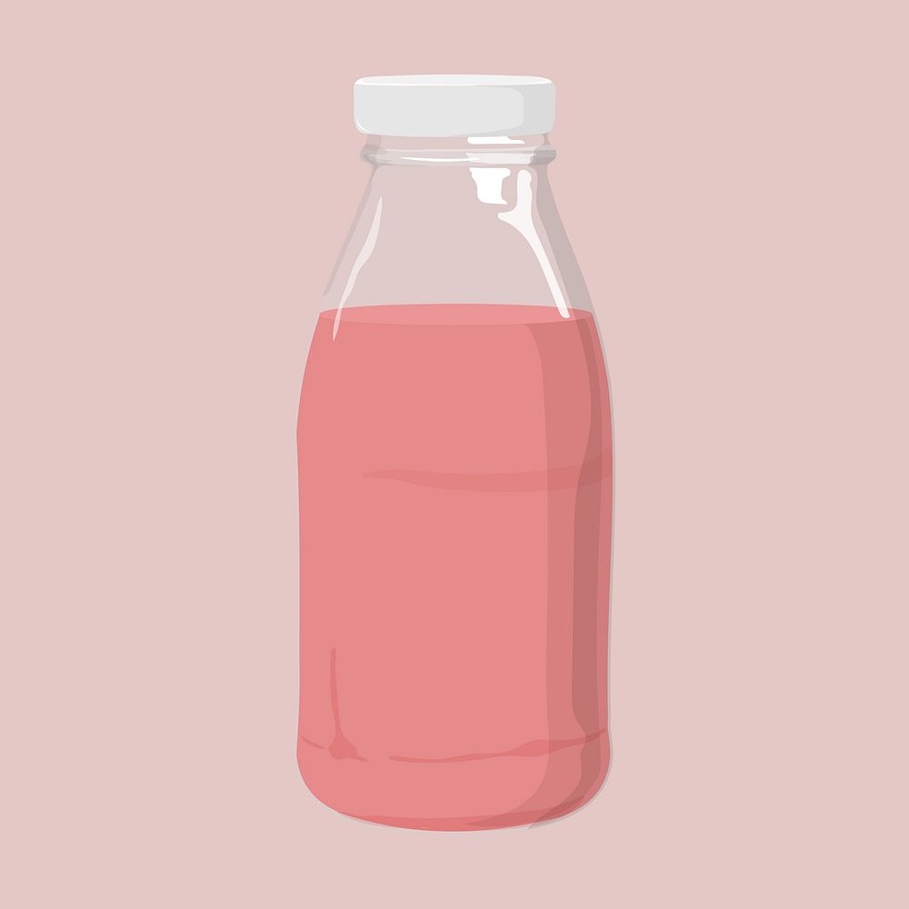 Strawberry milk bottle, dairy drink illustration vector