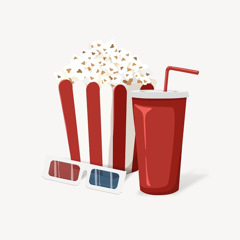 3d glasses & snacks, movie night illustration