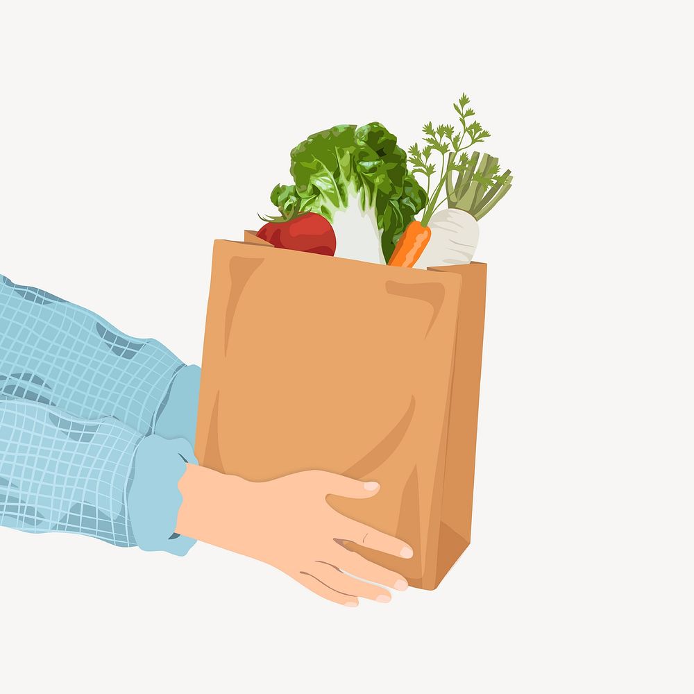 Hand giving groceries bag illustration