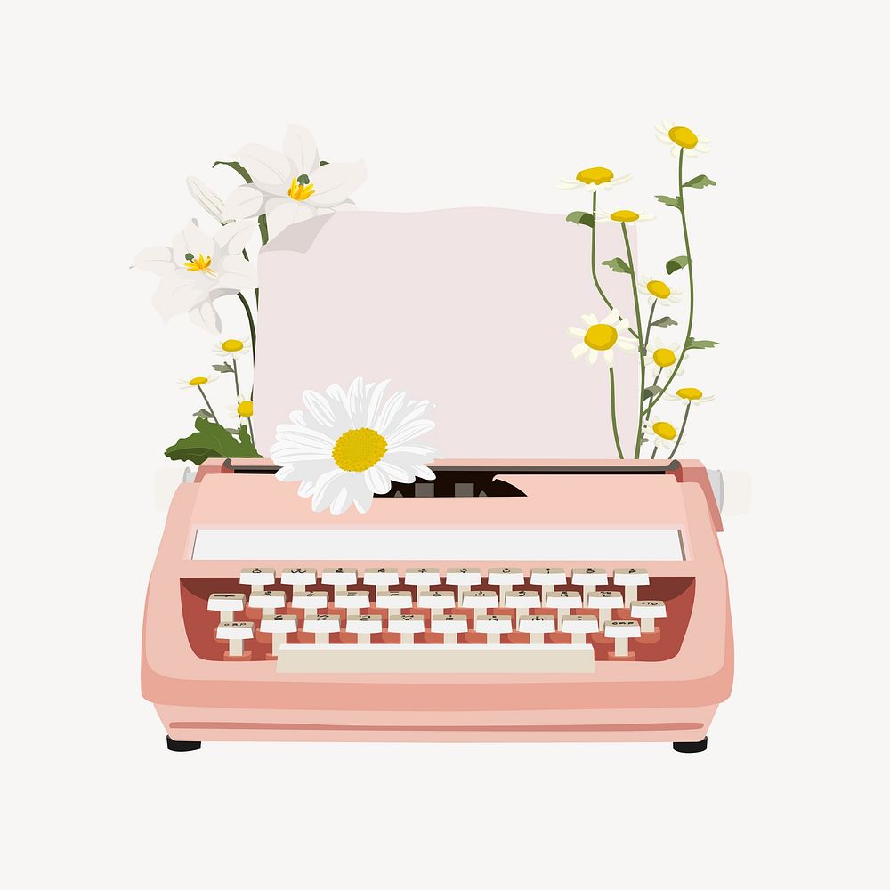 Floral typewriter, aesthetic vector illustration