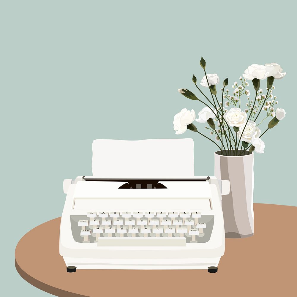 Green retro typewriter background, aesthetic illustration