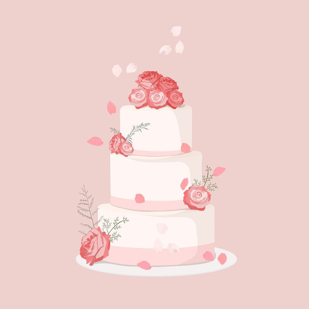 Pink floral wedding cake, dessert illustration
