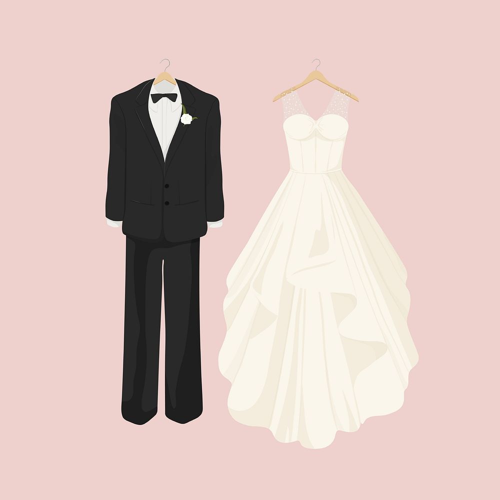 Wedding attire, bride & groom fashion illustration