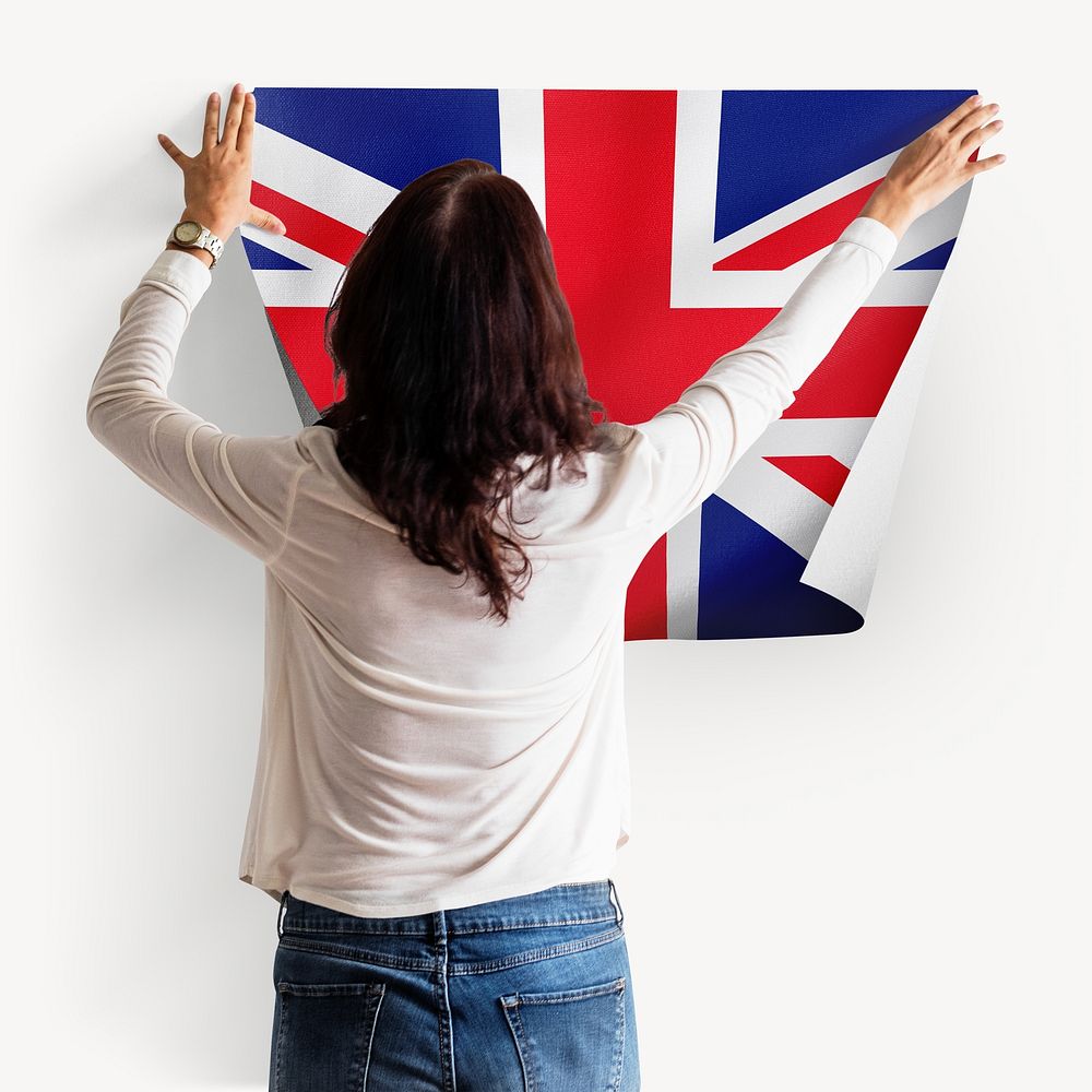 Woman png putting UK flag poster on a wall, transparent background