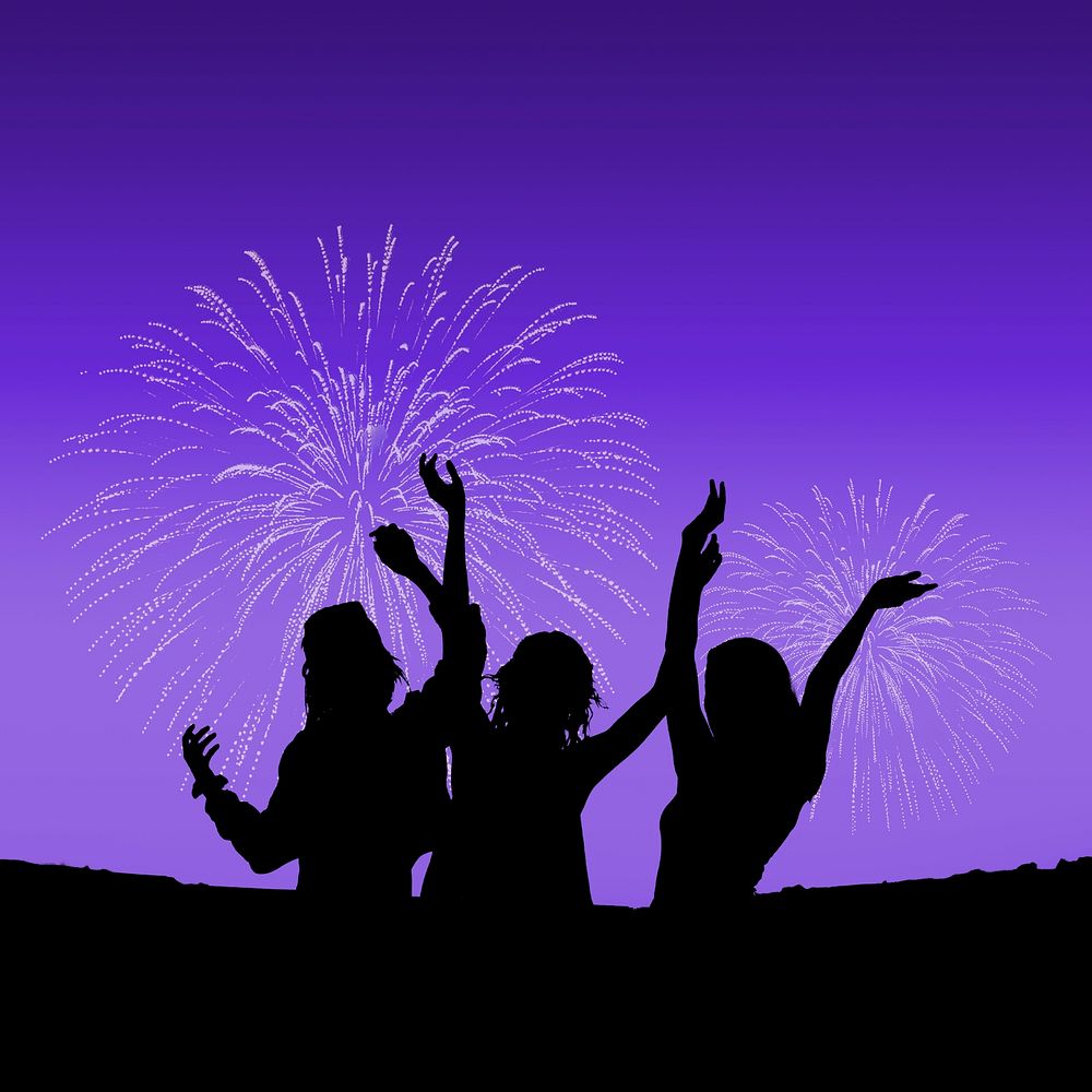 New Year fireworks background, people celebrating silhouette