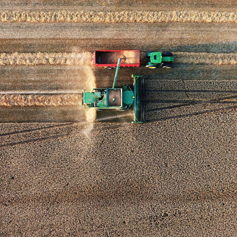 Combine harvester, aerial view