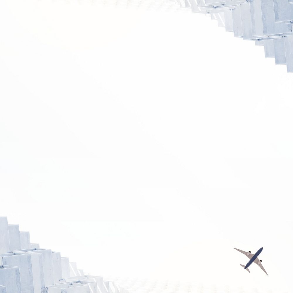 Low-angle flying plane background, building border