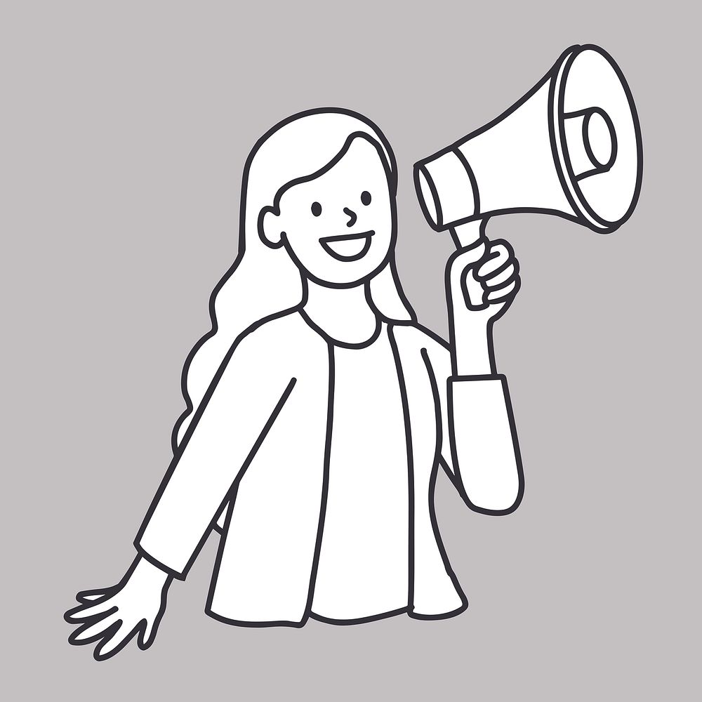 Young woman using loudspeaker for public announcement flat line vector