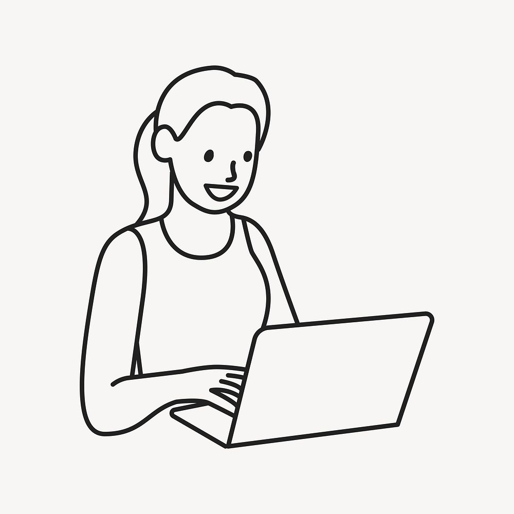 Woman using notebook computer line art vector