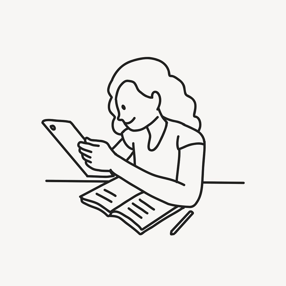Girl studying on tablet line art  illustration