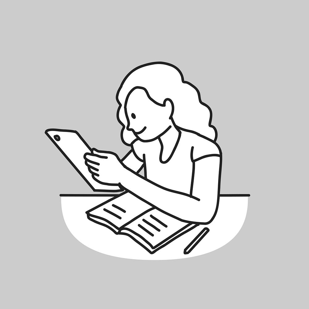 Girl studying on tablet flat line  illustration