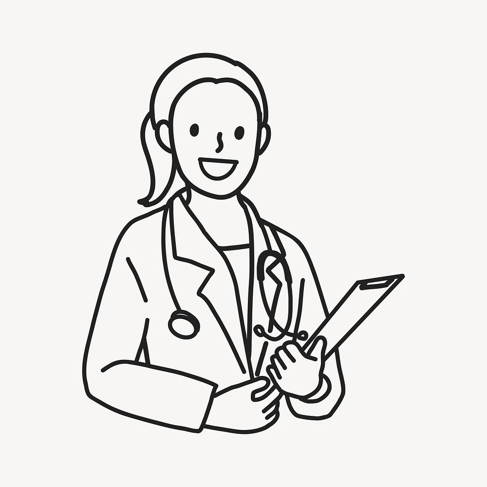 Happy female doctor with stethoscope medical report flat line collage element vector