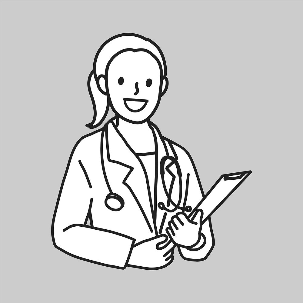 Happy female doctor with stethoscope medical report line drawing  illustration