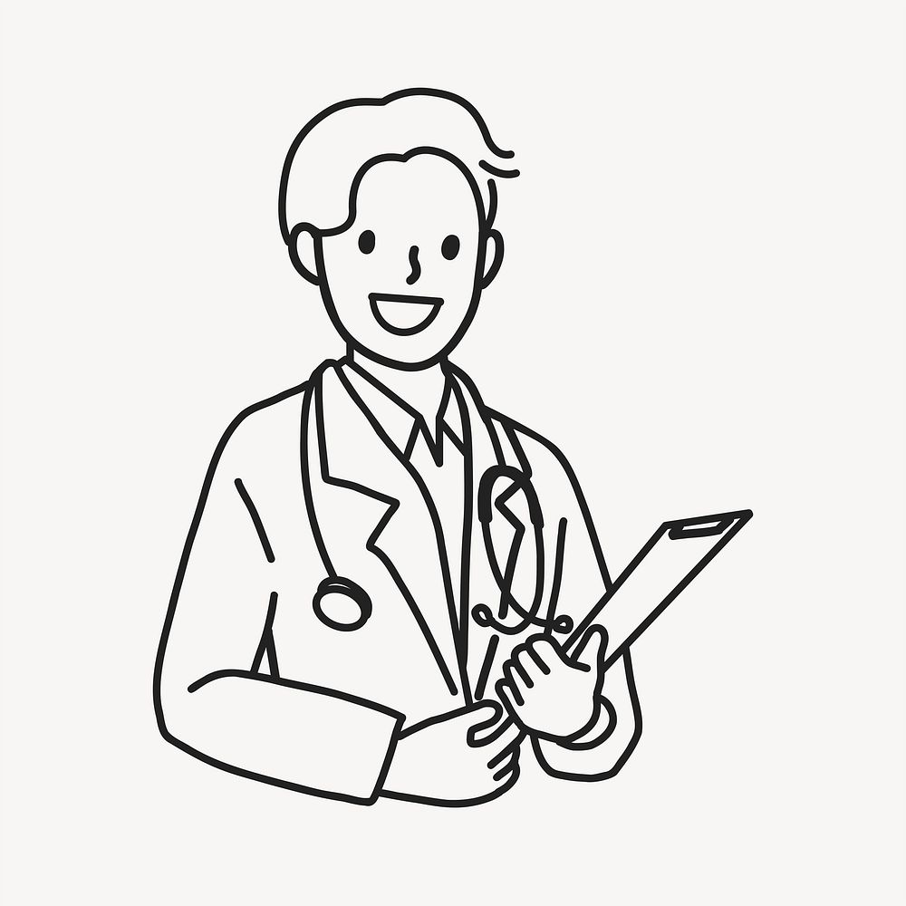 Happy male doctor with stethoscope medical report flat line vector