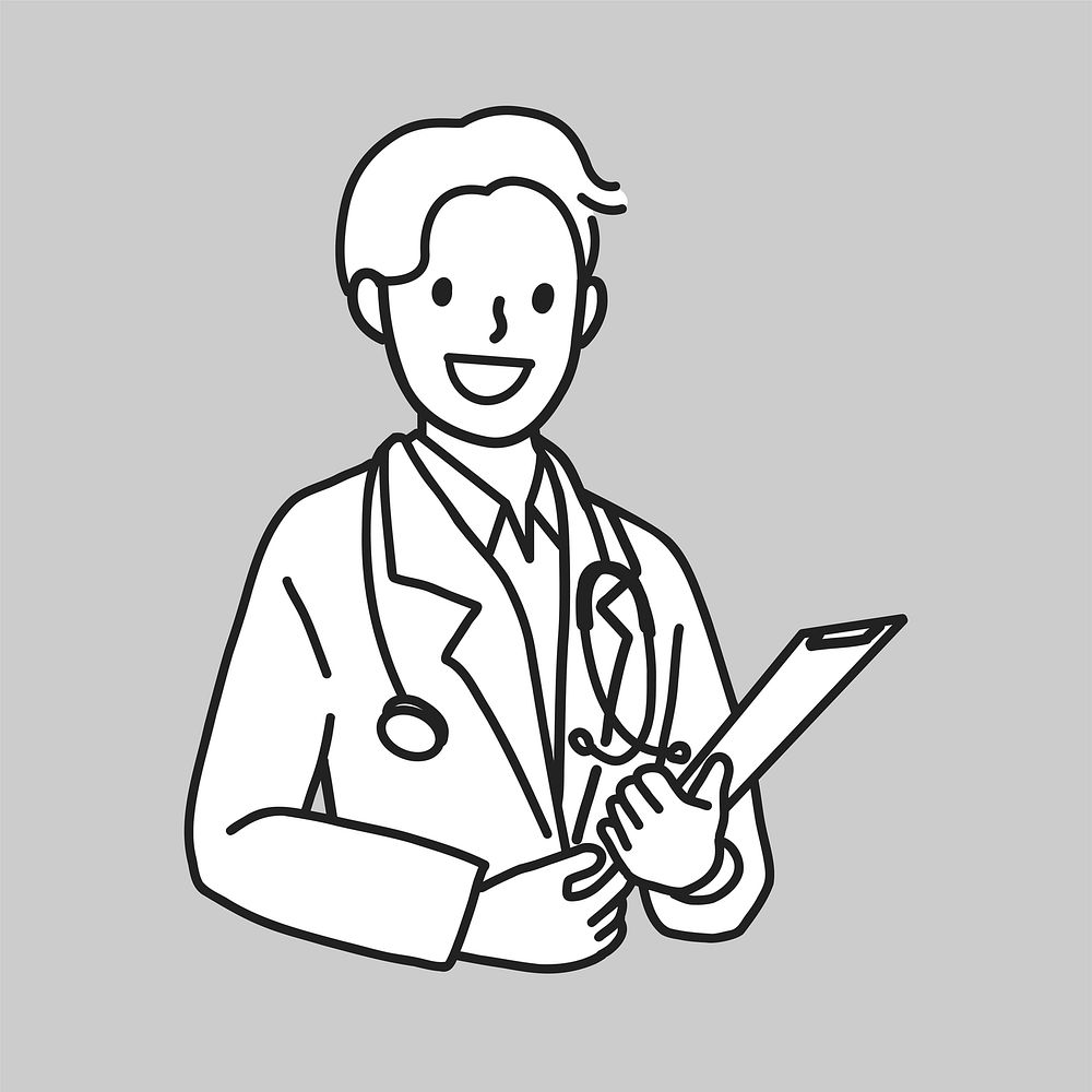 Happy male doctor with stethoscope medical report line art vector
