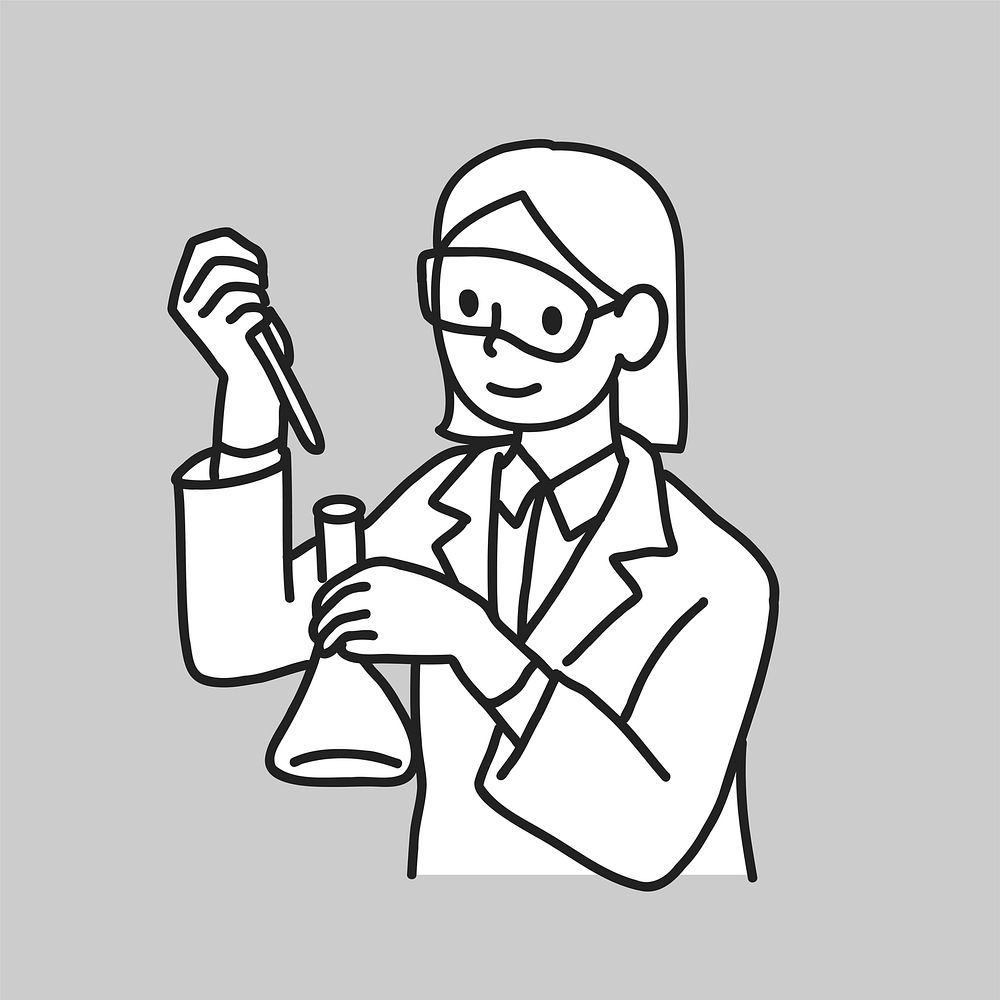 Young female scientist working in lab line drawing collage element vector