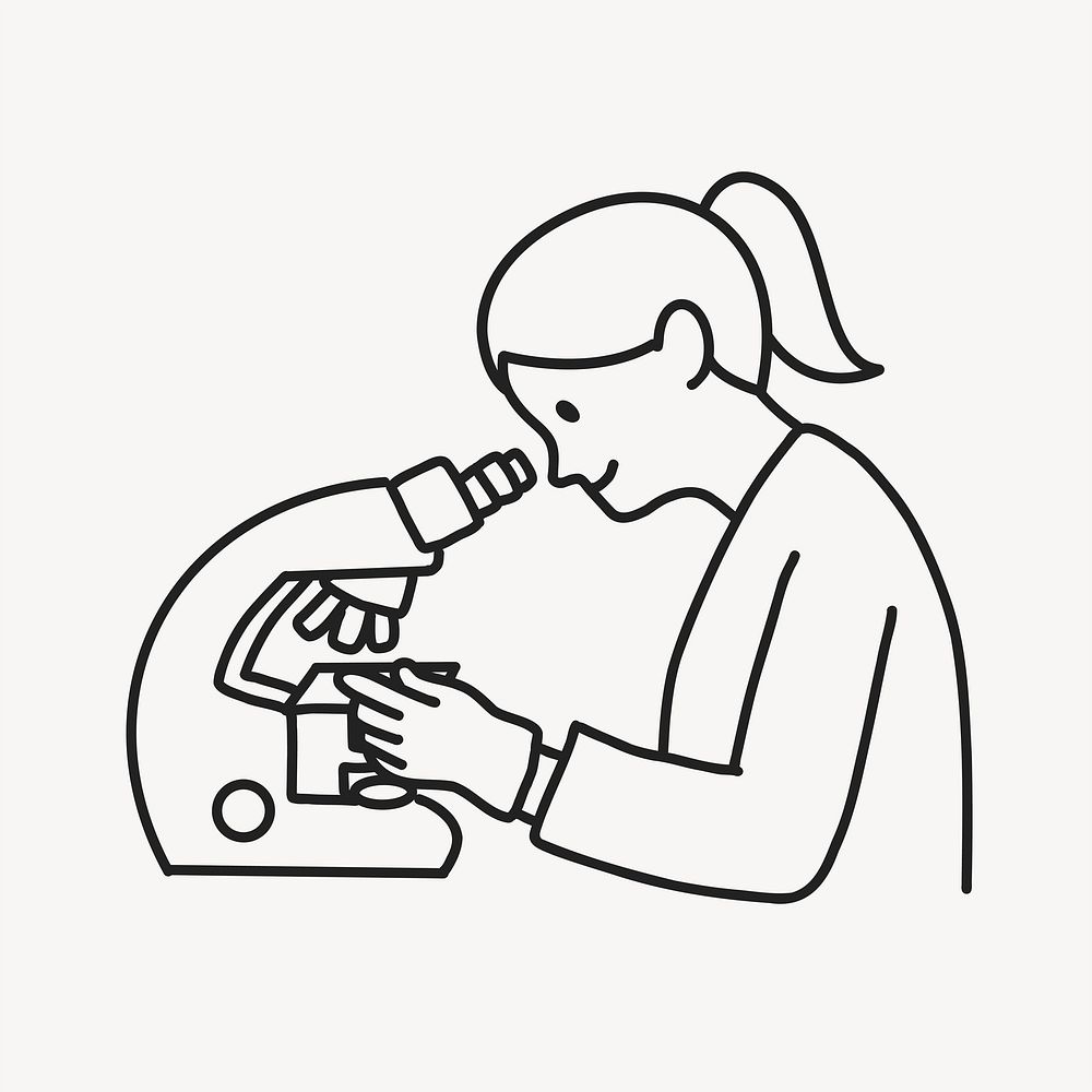 Female lab technician looking through microscope in laboratory line drawing  illustration