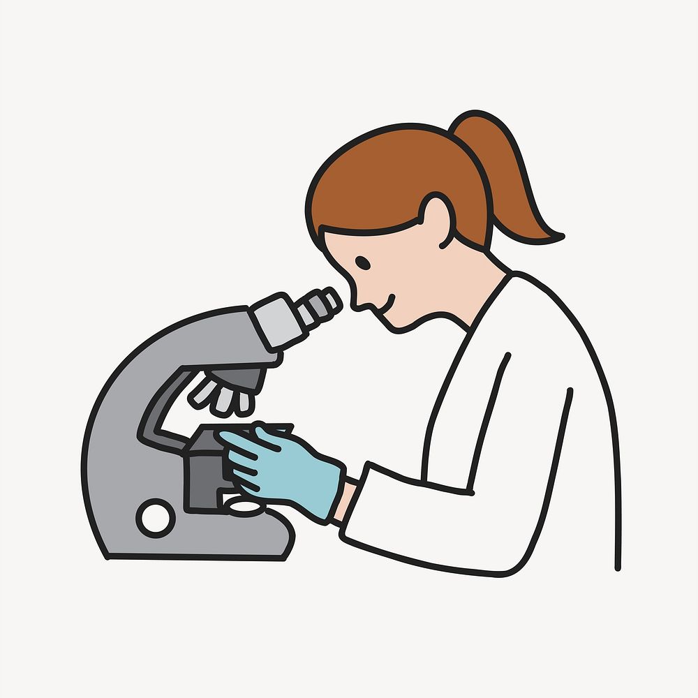 Female lab technician looking through microscope in laboratory collage element vector