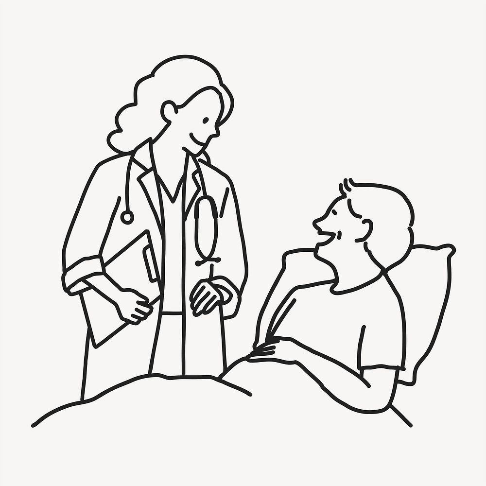Doctor visiting patient in hospital line drawing vector