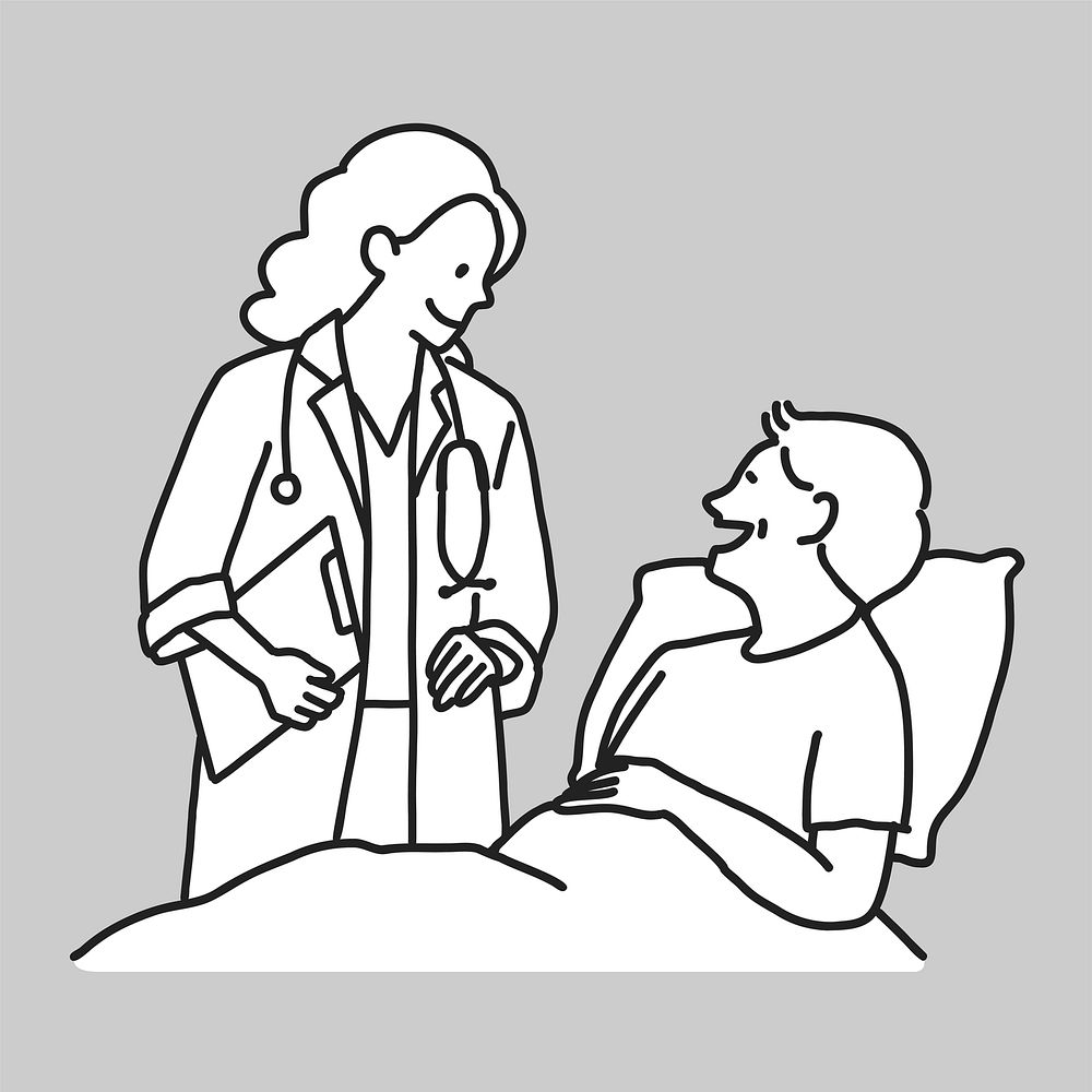 Doctor visiting patient in hospital flat line collage element vector
