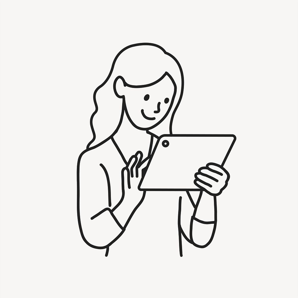 Woman using digital tablet line drawing  illustration