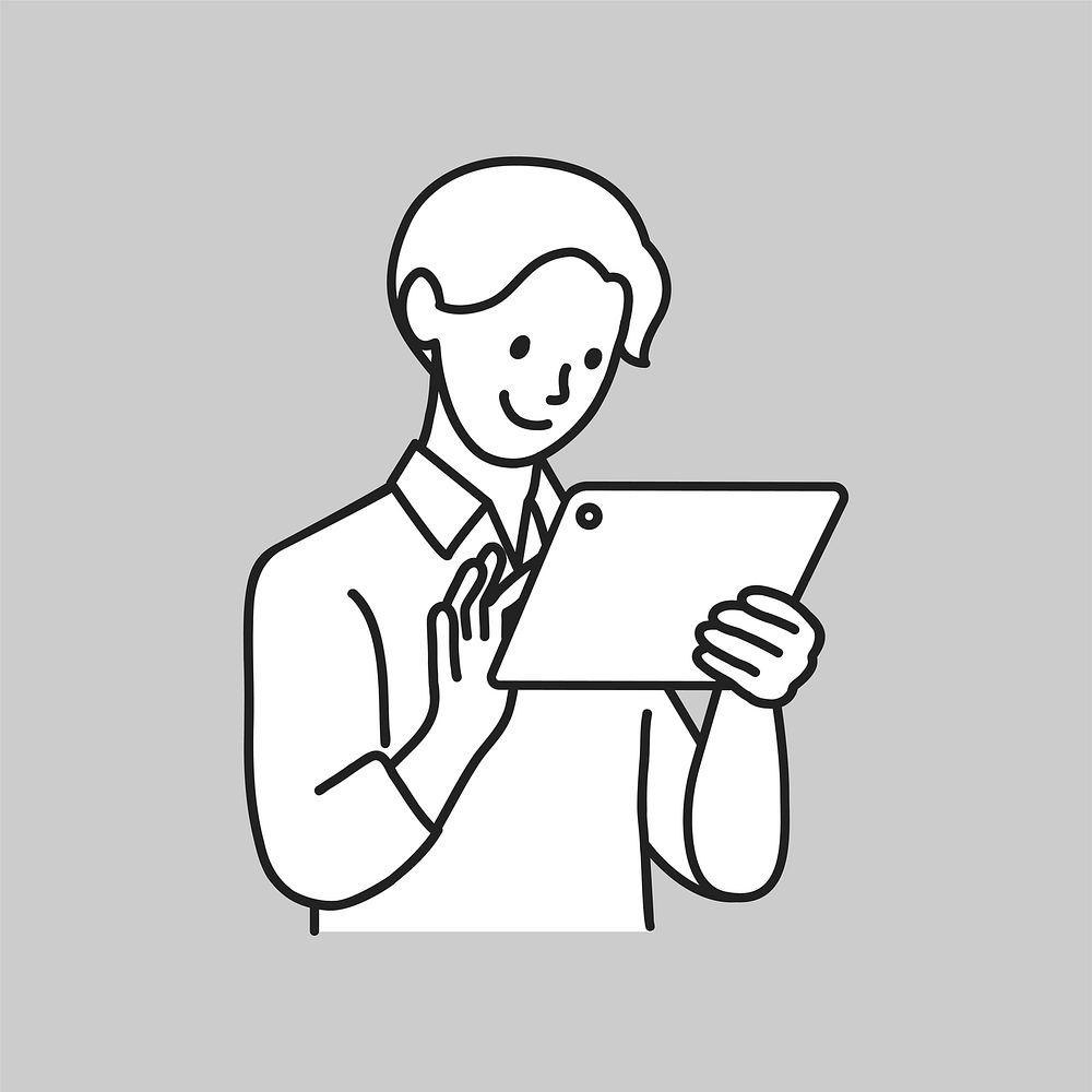 Man using digital tablet line art vector