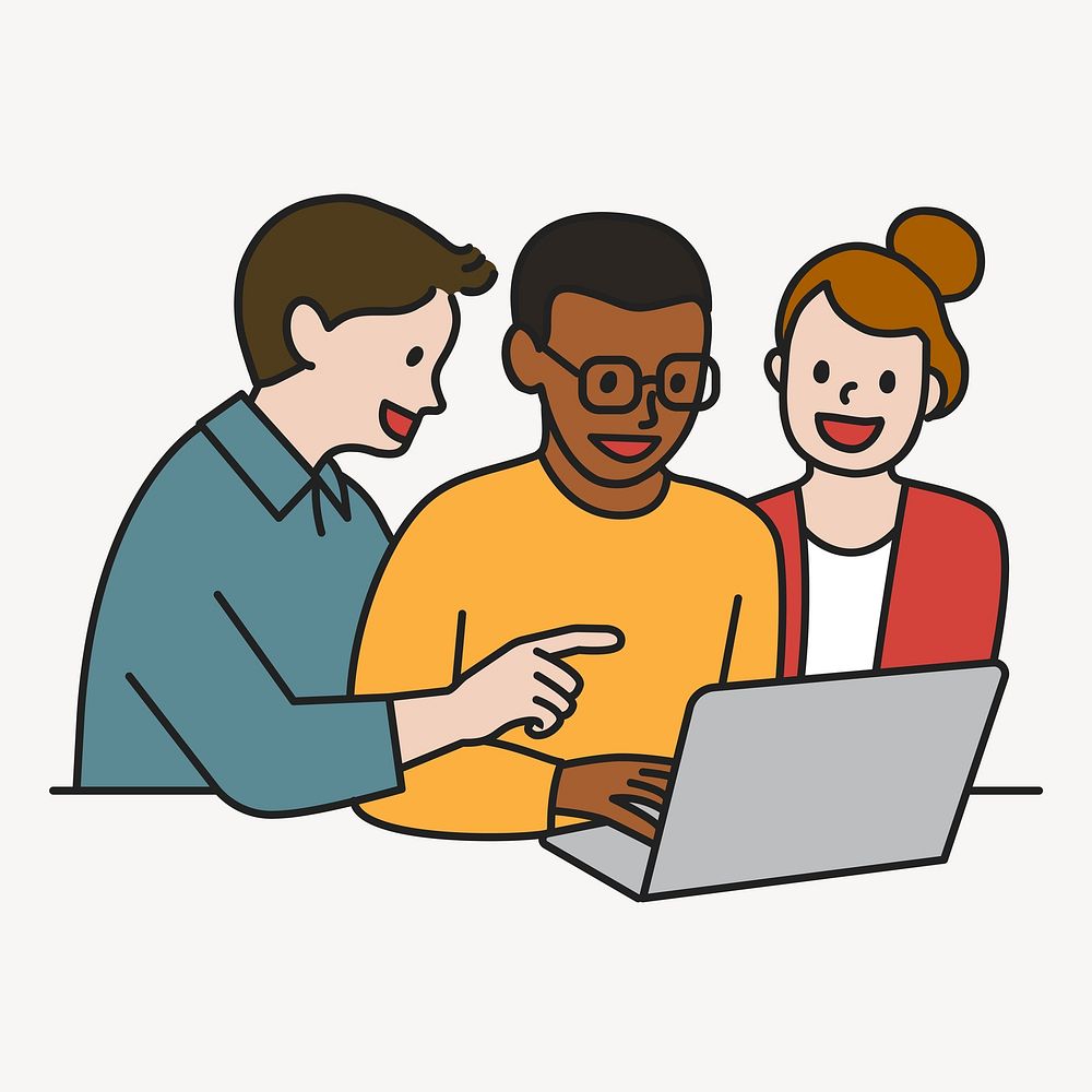 Team using notebook sharing ideas collage element vector