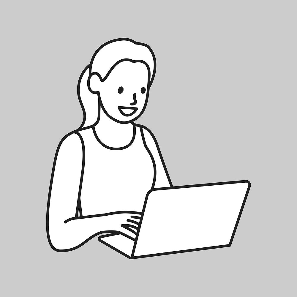 Woman using notebook computer line drawing collage element vector