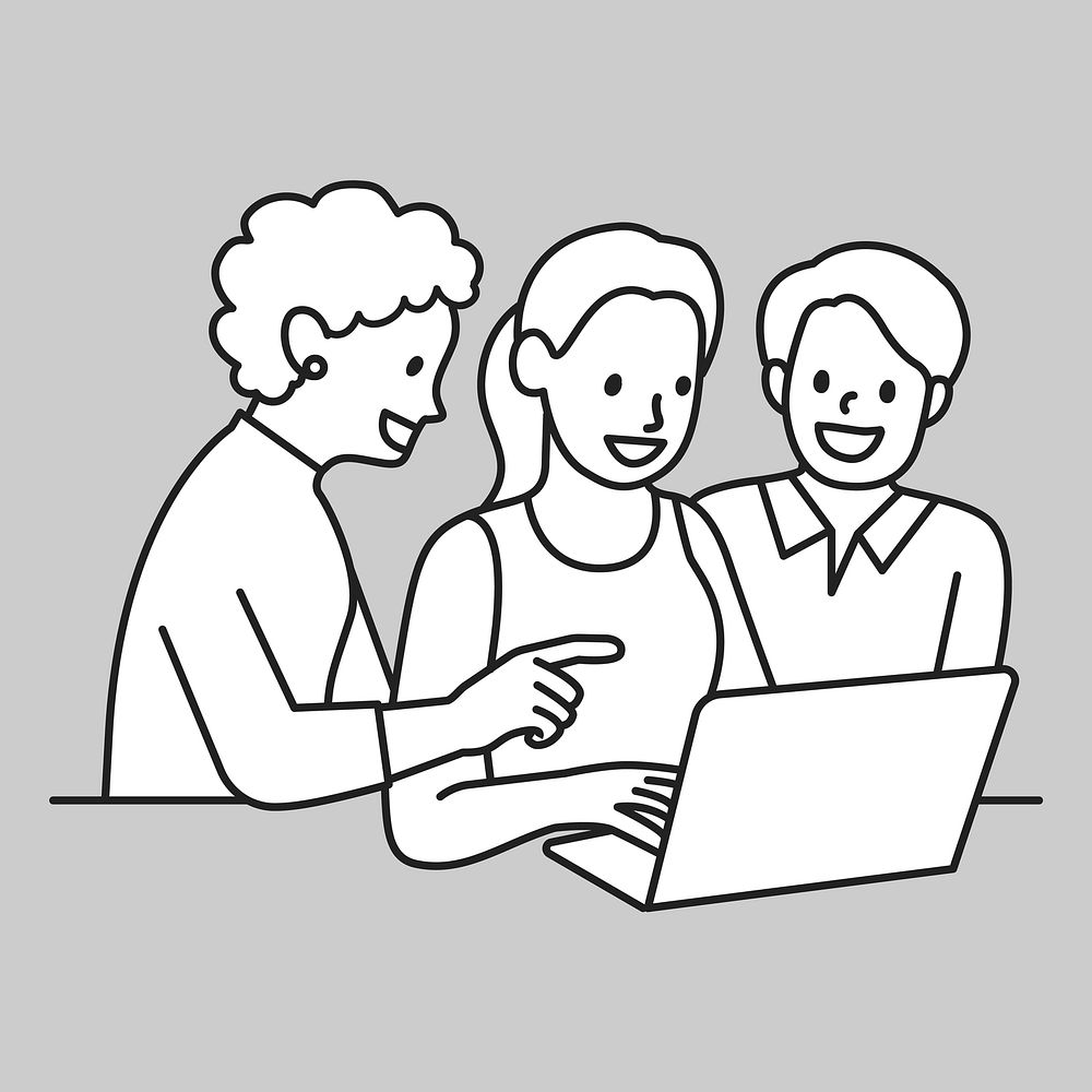 Diverse colleagues work on computer notebook brainstorming line art  illustration