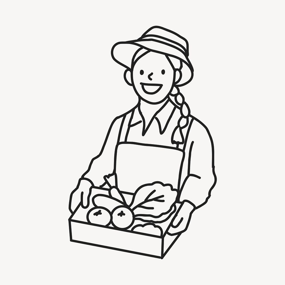 Woman smart farmer selling organic vegetable farmer market line drawing  illustration