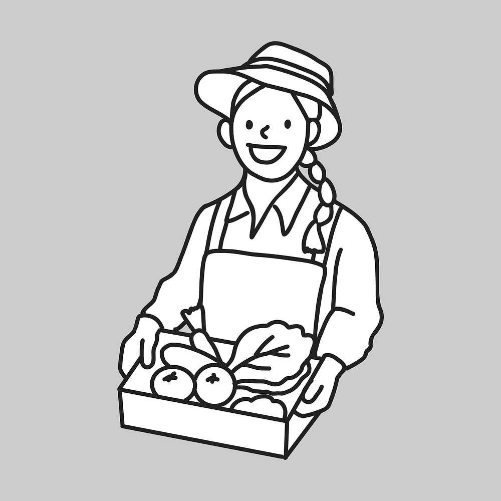 Woman smart farmer selling organic vegetable farmer market line drawing  illustration