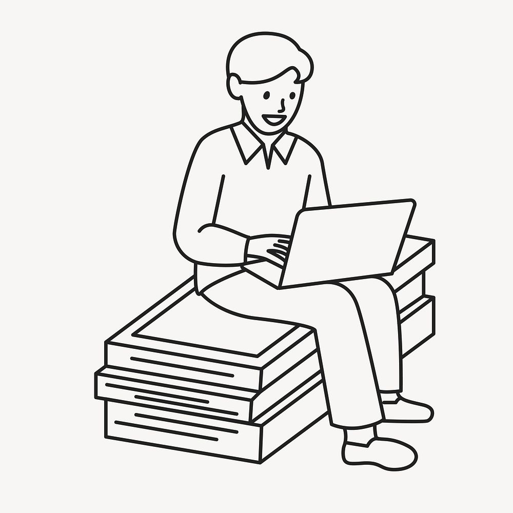 Man employee working on laptop in relaxing workspace line drawing vector