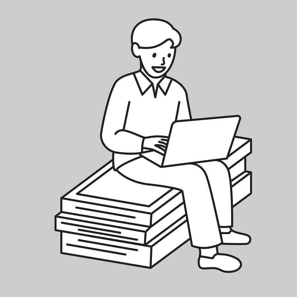 Man employee working on laptop in relaxing workspace line art collage element vector