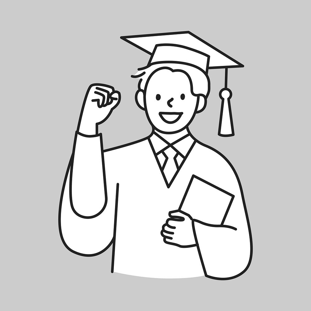 Male graduate student in graduation gown holding diploma line drawing  illustration