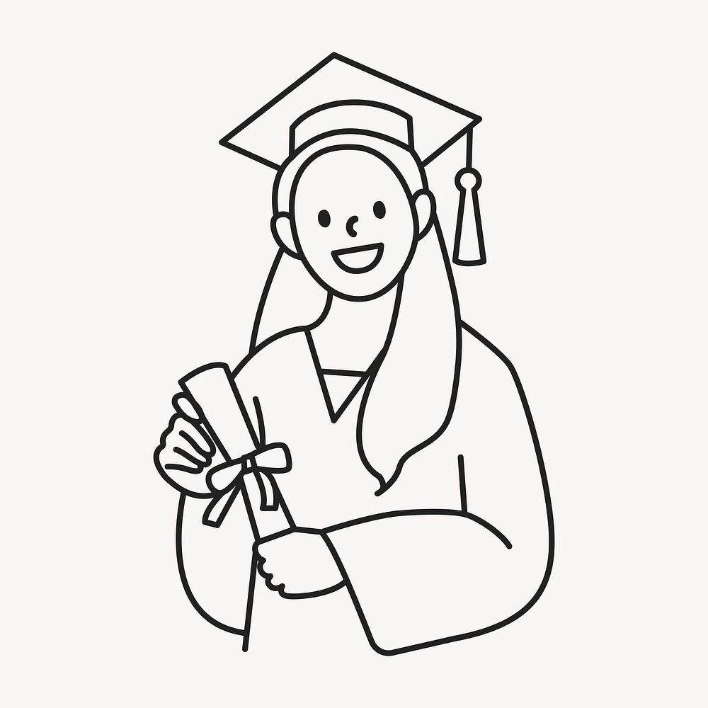 Female graduate student in graduation gown holding diploma line art illustration