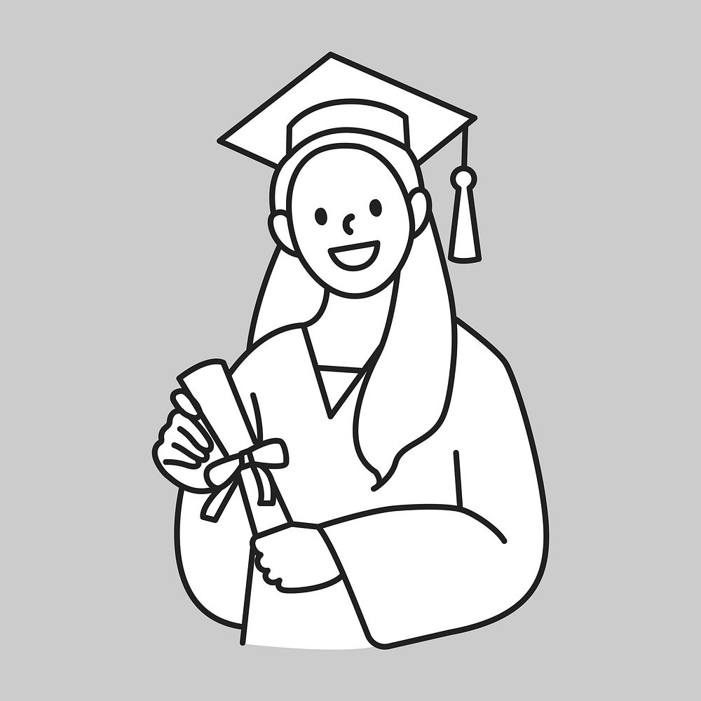 Female graduate student in graduation gown holding diploma line drawing vector