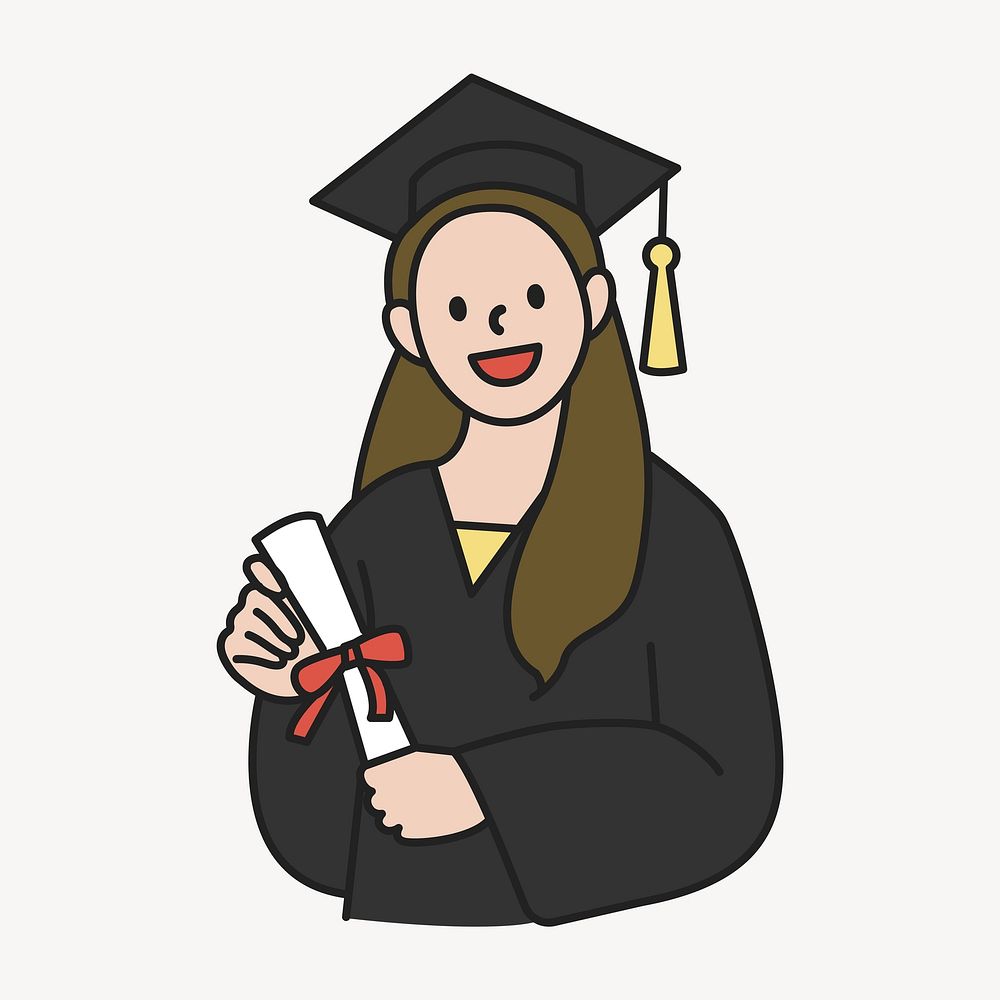Female graduate student in graduation gown holding diploma illustration