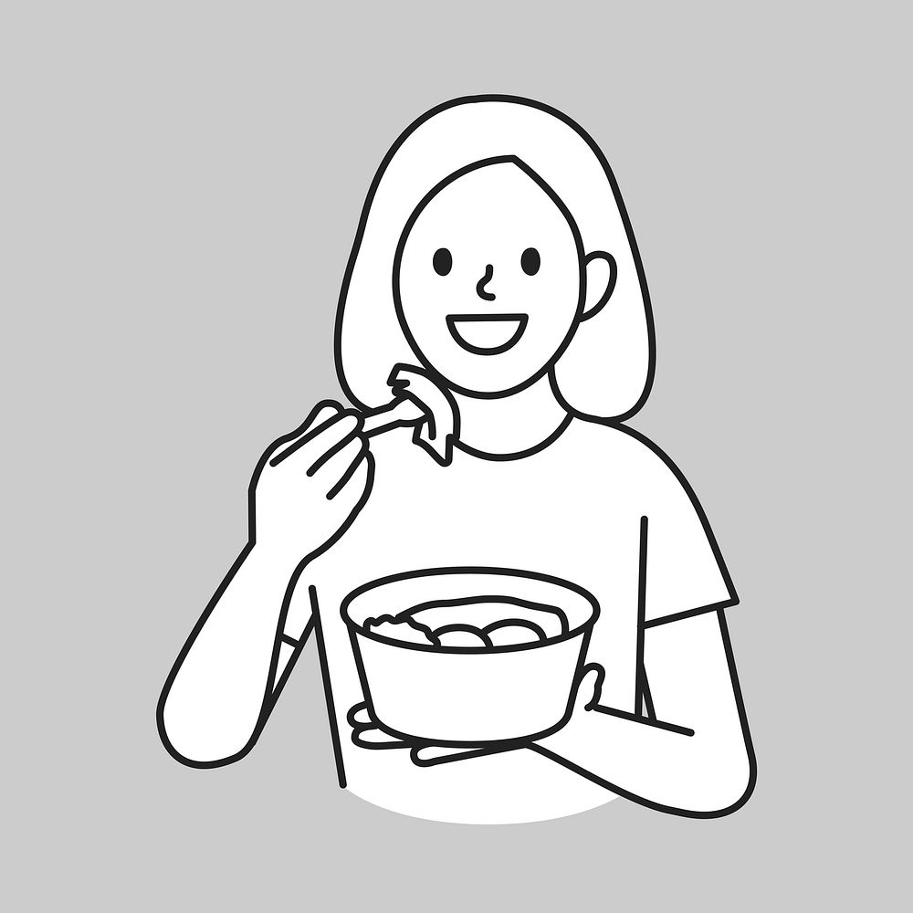 Young woman eating delivery food line drawing vector