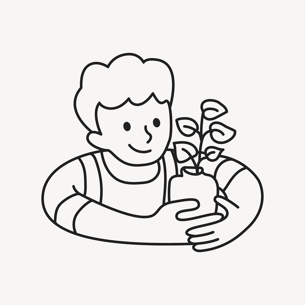 Kid holding plant line drawing collage element vector