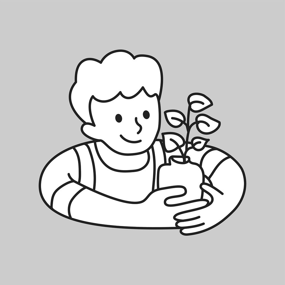 Kid holding plant line art vector
