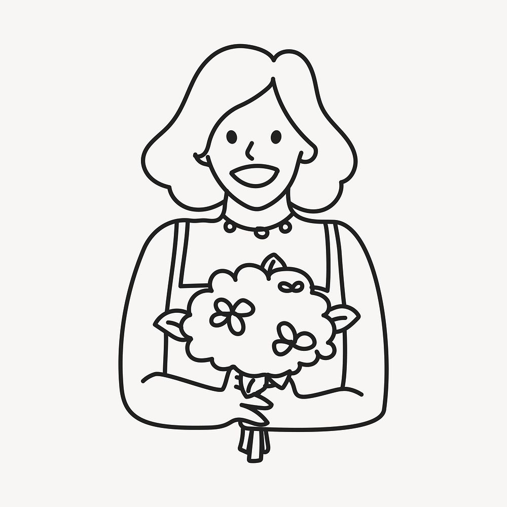 Woman with flower bouquet flat line  illustration