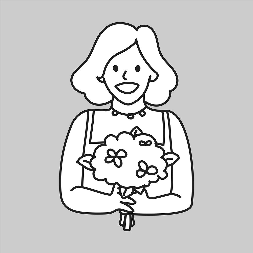 Woman with flower bouquet line drawing vector