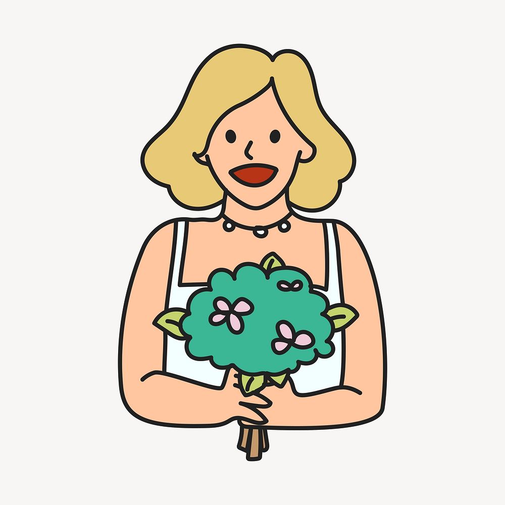 Woman with flower bouquet collage element vector