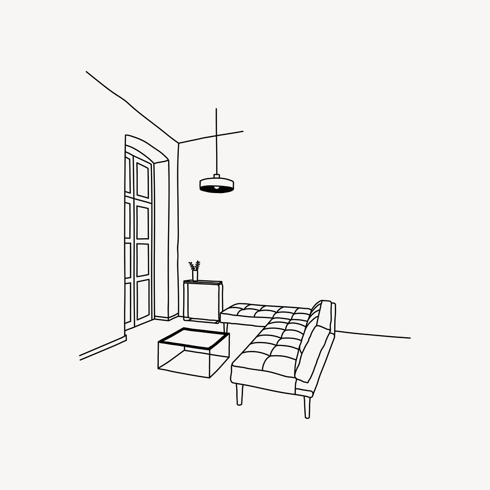 Modern living room line art illustration isolated background